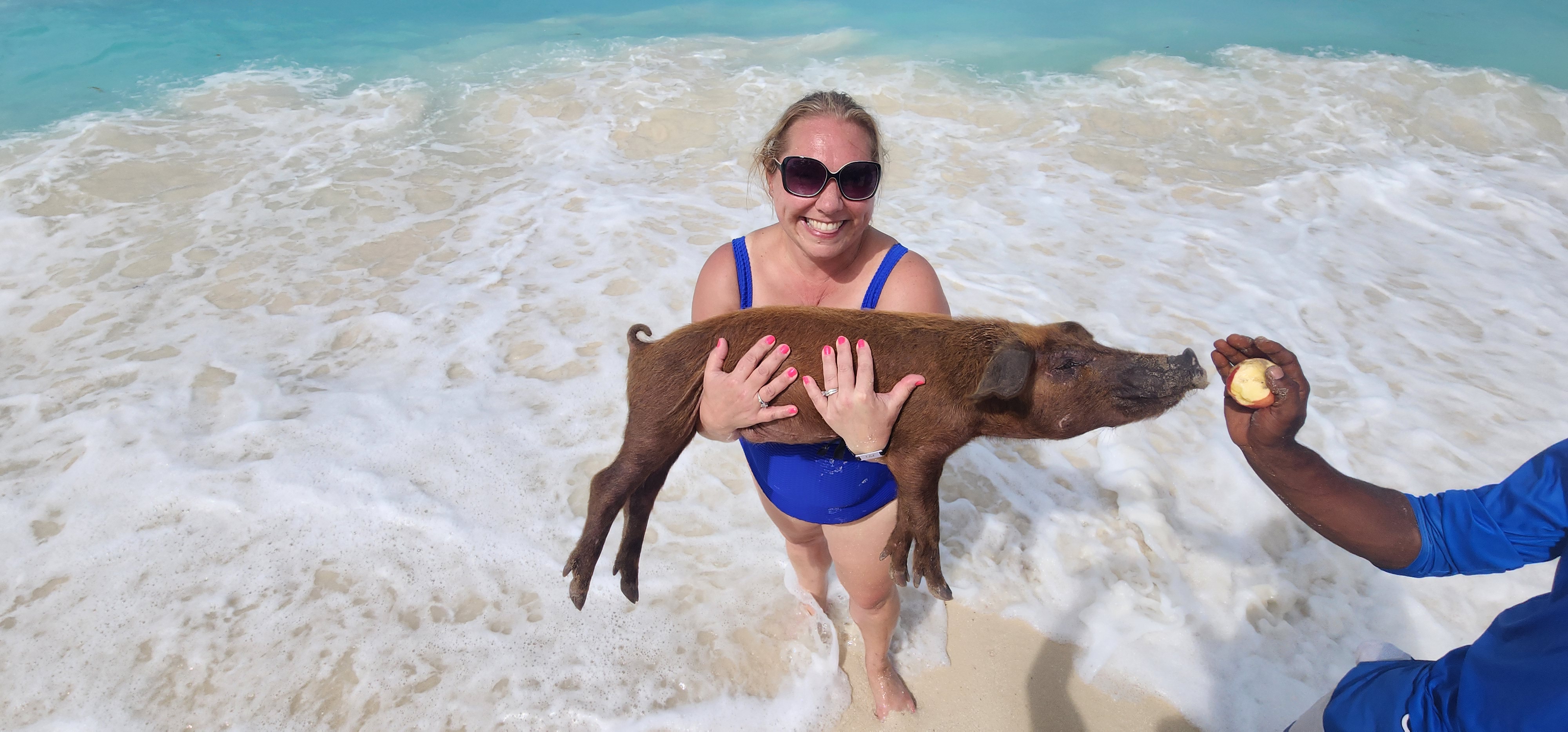 Becky in the Bahamas swimming with the pigs